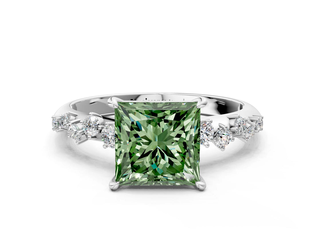 White gold Fancy Green Princess Cut Diamond Cluster Side Stone Solitaire Ring with Prong Setting_53