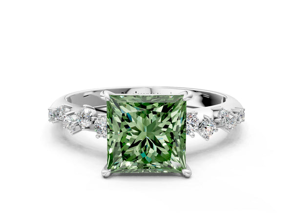 Platinum Fancy Green Princess Cut Diamond Cluster Side Stone Solitaire Ring with Prong Setting