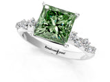 White gold Fancy Green Princess Cut Diamond Cluster Side Stone Solitaire Ring with Prong Setting_54