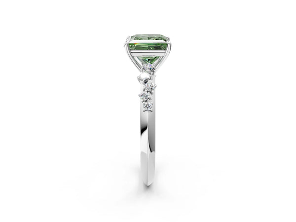 Platinum Fancy Green Princess Cut Diamond Cluster Side Stone Solitaire Ring with Prong Setting