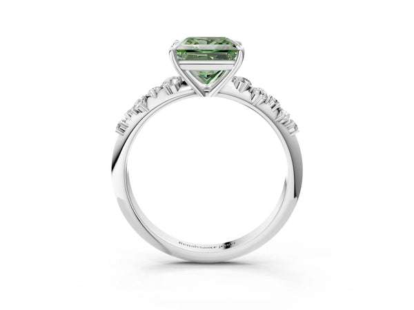 Platinum Fancy Green Princess Cut Diamond Cluster Side Stone Solitaire Ring with Prong Setting