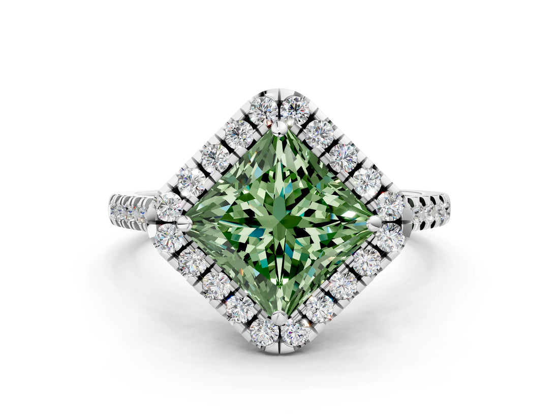 White gold Fancy Green Princess Cut Diamond Cushion Halo Ring with Pavé Band