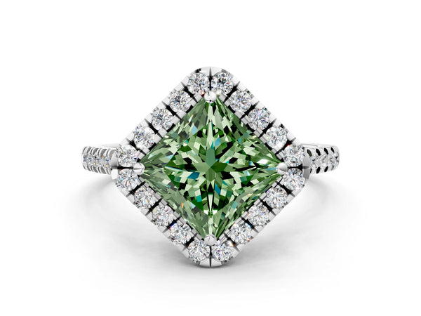 Platinum Fancy Green Princess Cut Diamond Cushion Halo Ring with Pavé Band