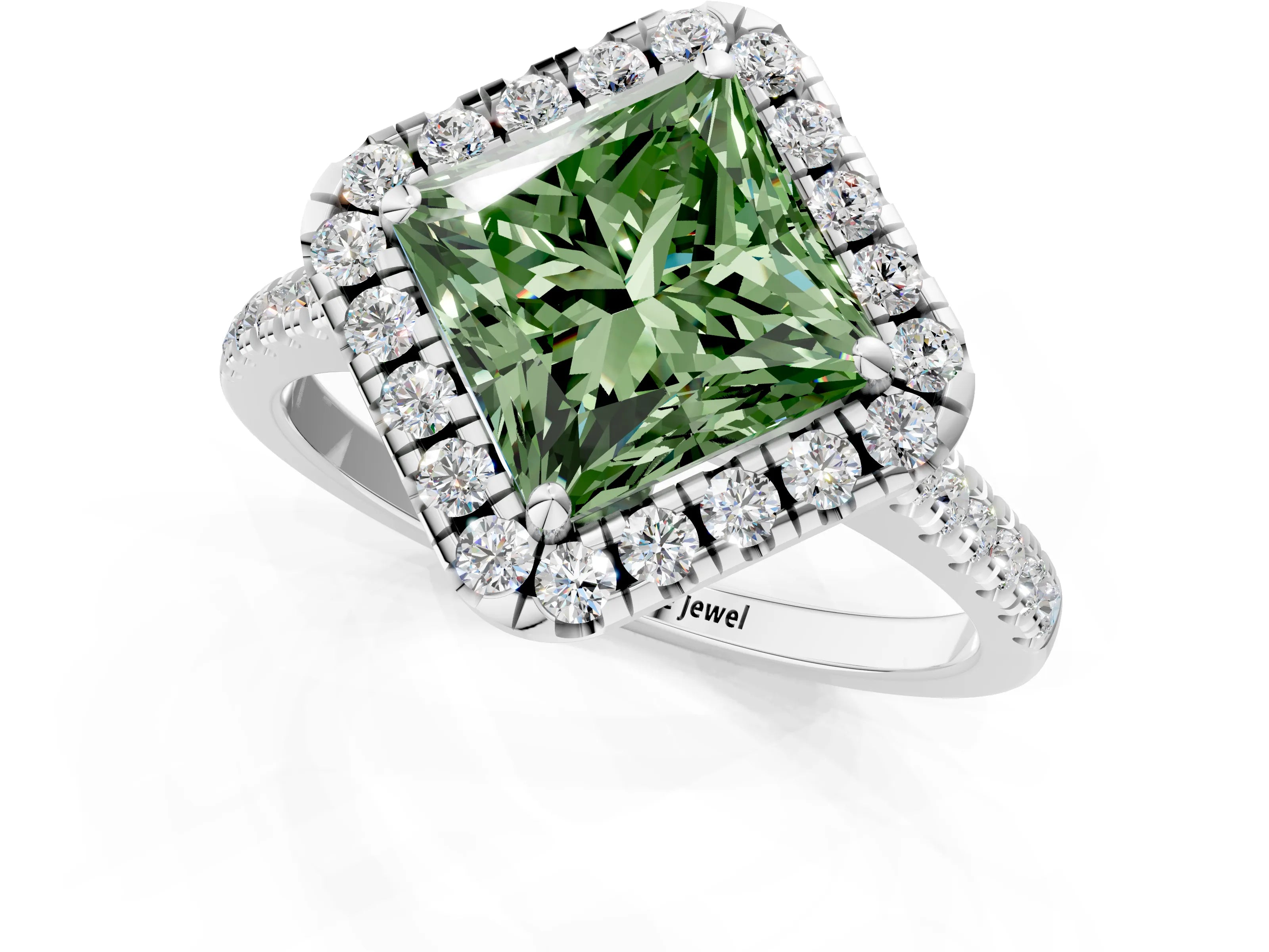 White gold Fancy Green Princess Cut Diamond Cushion Halo Ring with Pavé Band_1
