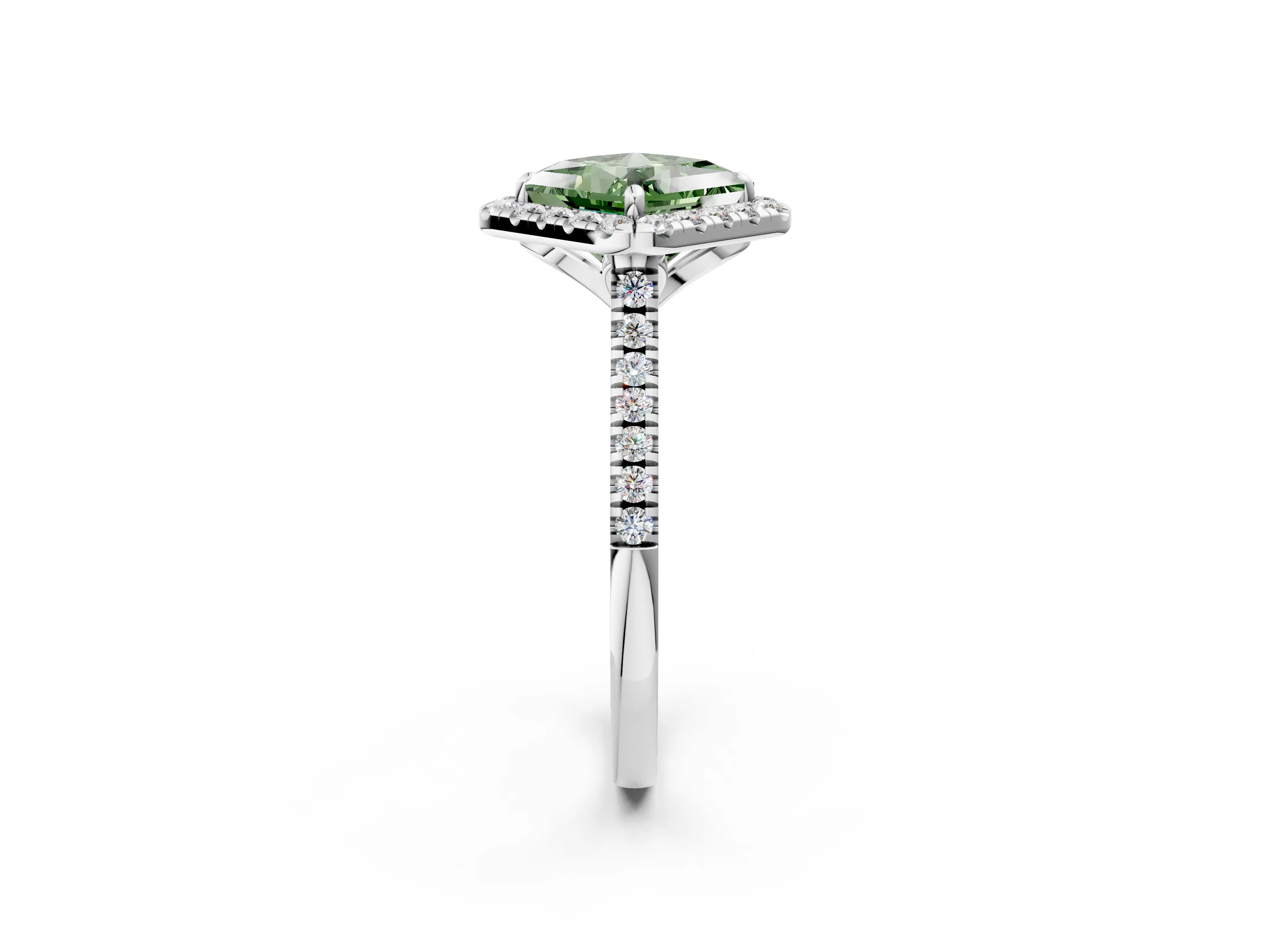 White gold Fancy Green Princess Cut Diamond Cushion Halo Ring with Pavé Band_2
