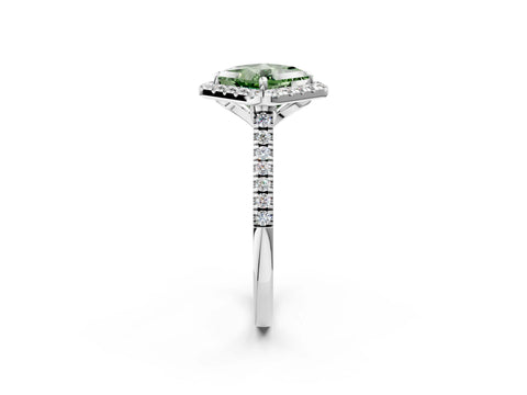 White gold Fancy Green Princess Cut Diamond Cushion Halo Ring with Pavé Band_2