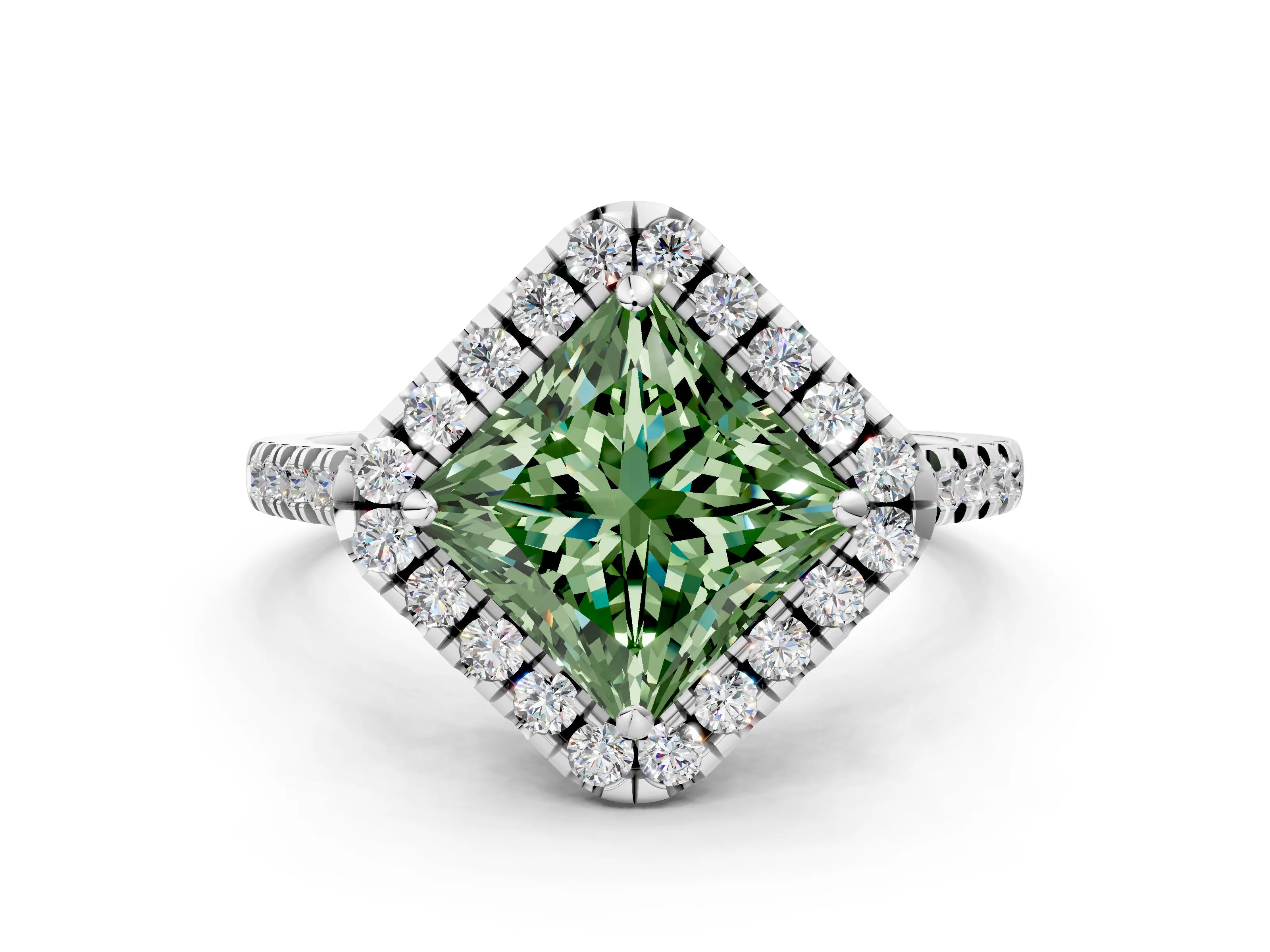 White gold Fancy Green Princess Cut Diamond Cushion Halo Ring with Pavé Band