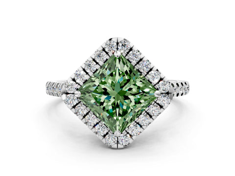 White gold Fancy Green Princess Cut Diamond Cushion Halo Ring with Pavé Band