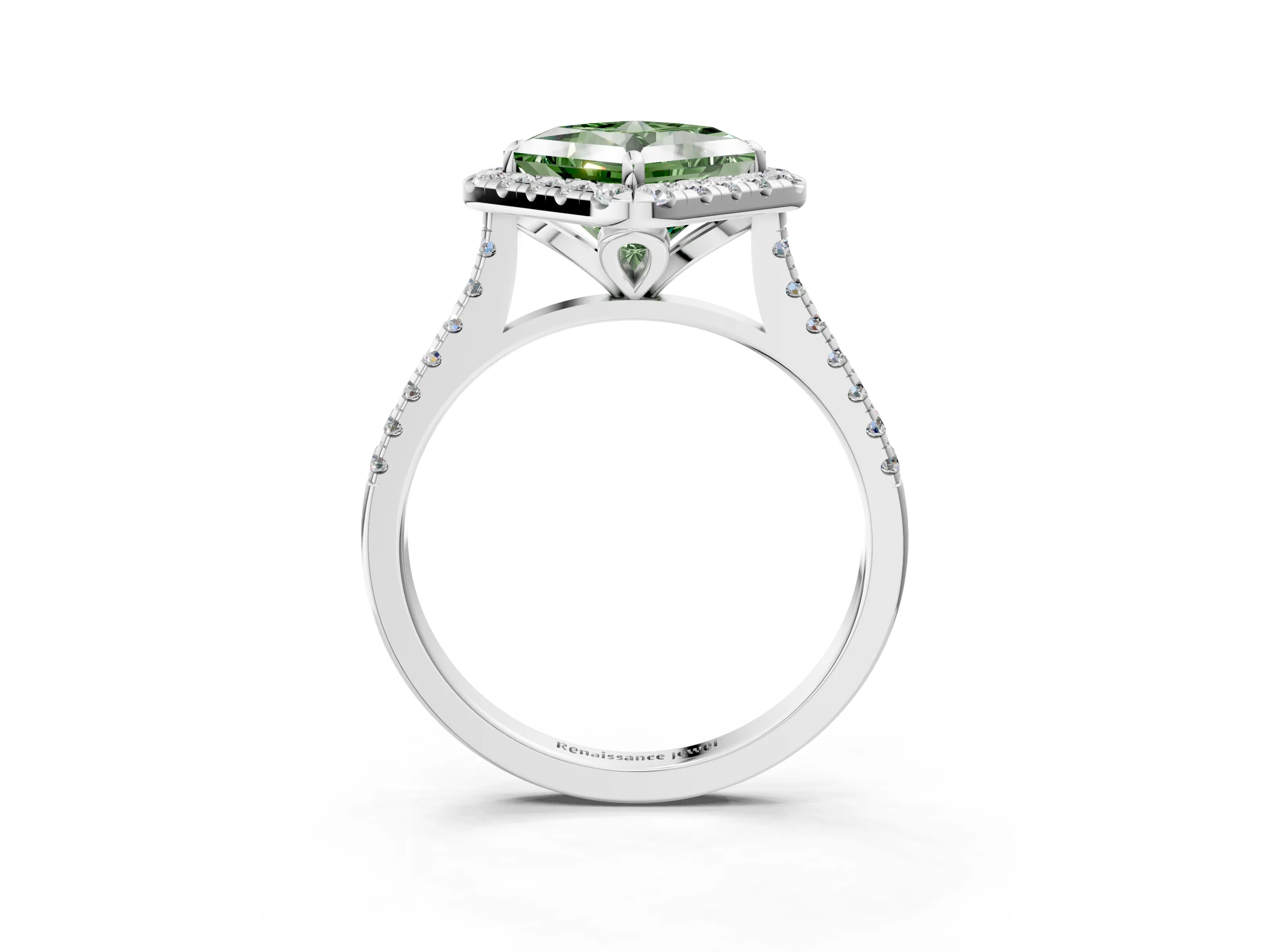 White gold Fancy Green Princess Cut Diamond Cushion Halo Ring with Pavé Band_3