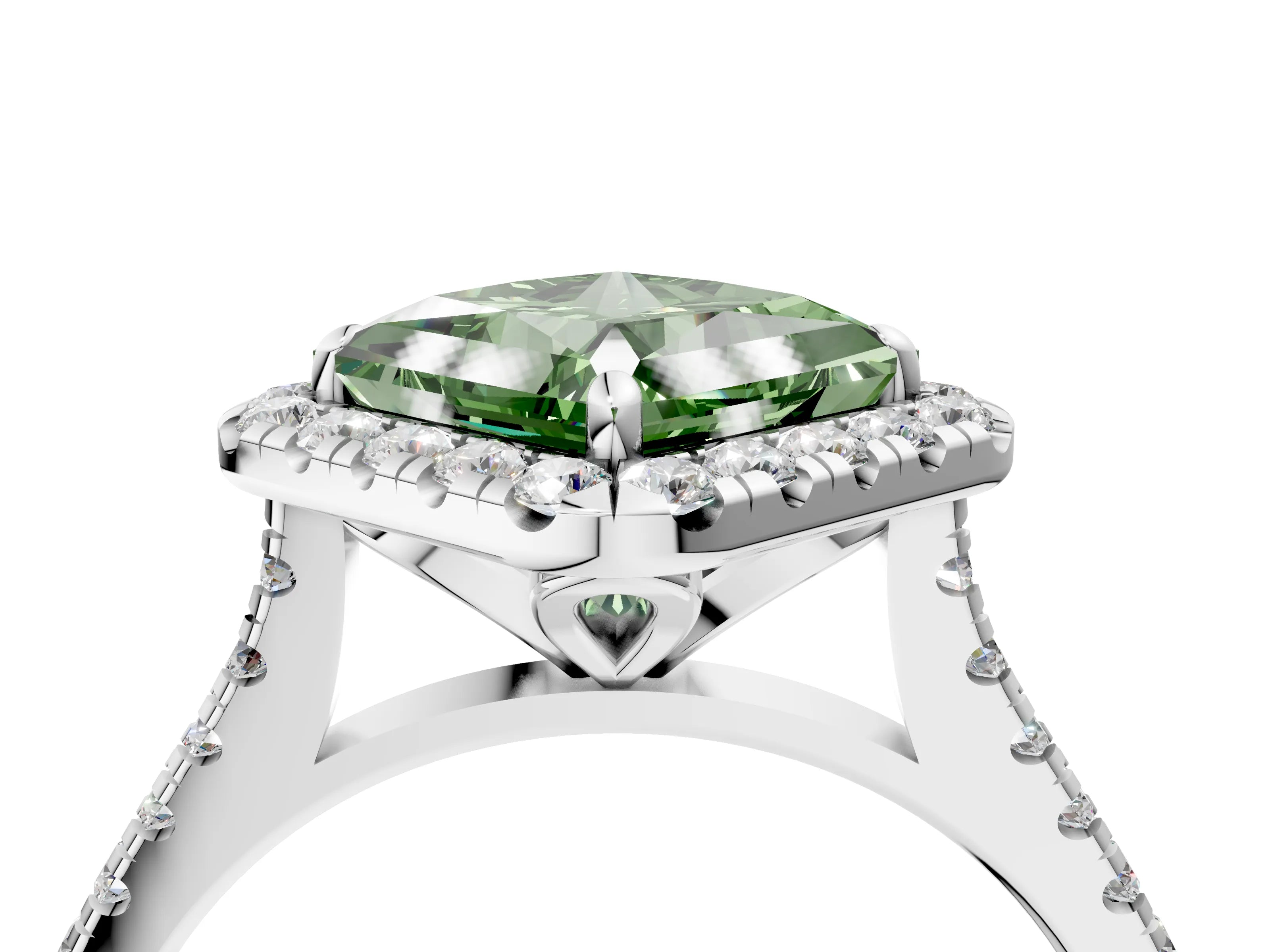 White gold Fancy Green Princess Cut Diamond Cushion Halo Ring with Pavé Band_4