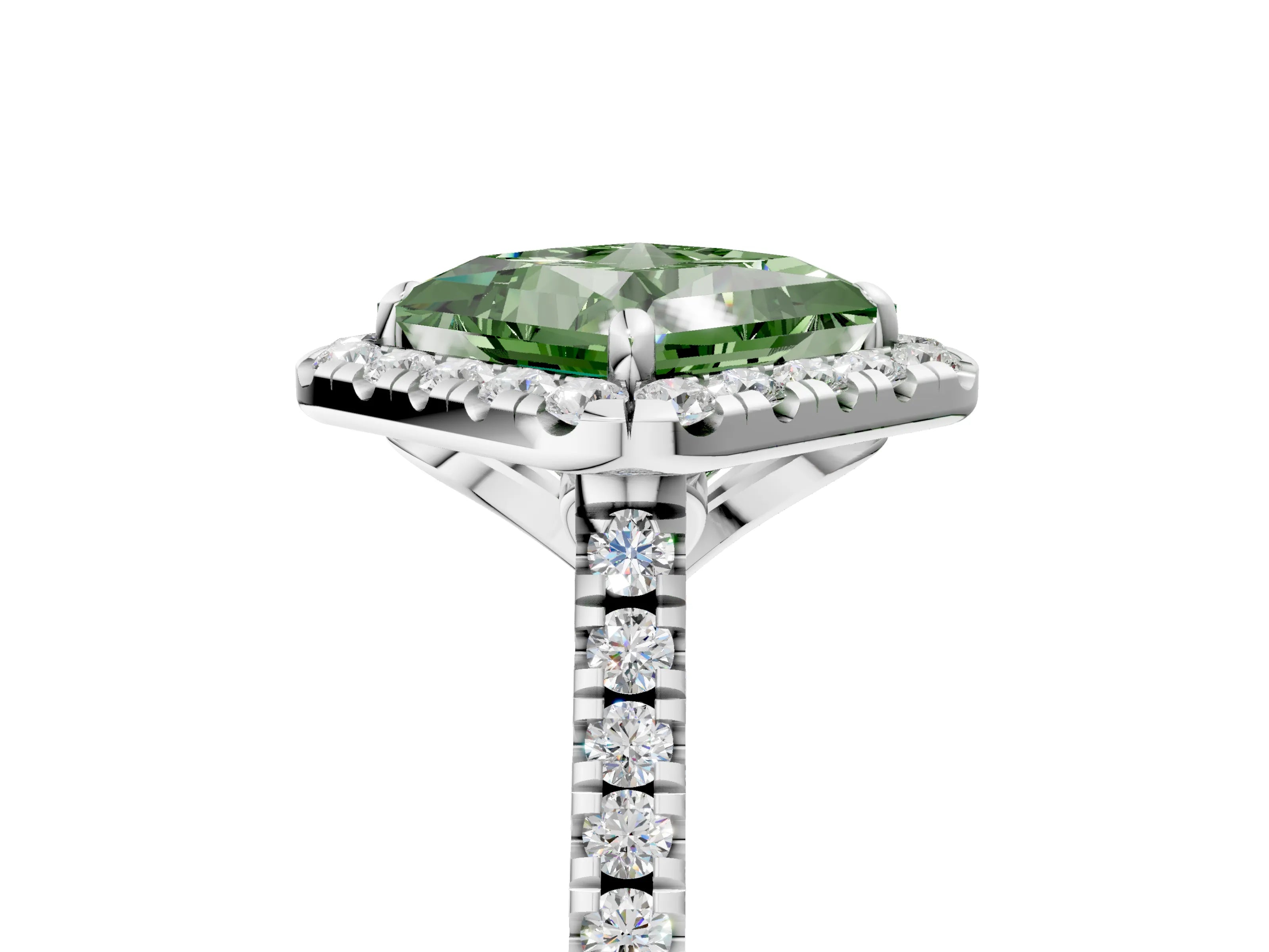White gold Fancy Green Princess Cut Diamond Cushion Halo Ring with Pavé Band_5