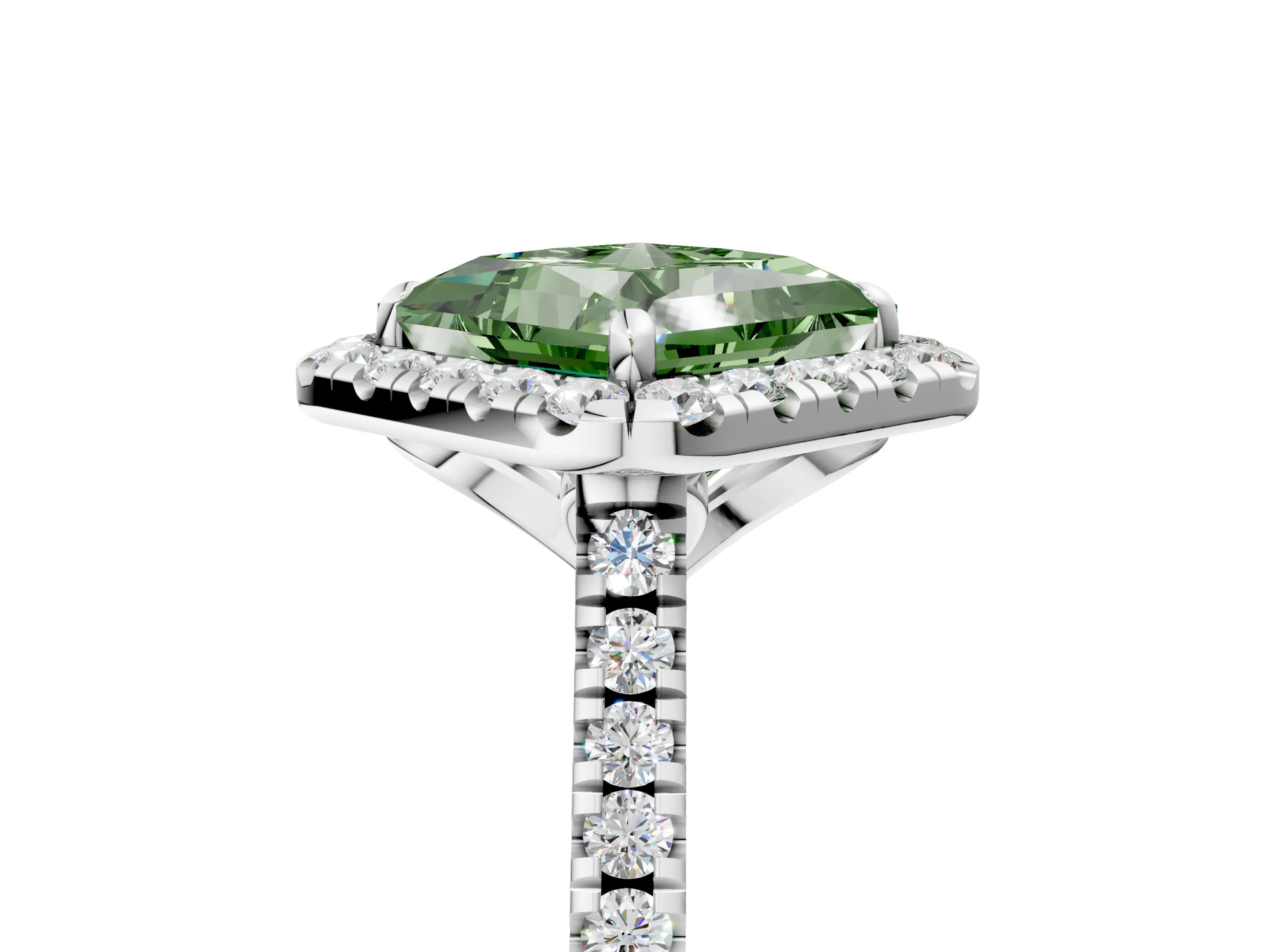 White gold Fancy Green Princess Cut Diamond Cushion Halo Ring with Pavé Band_5