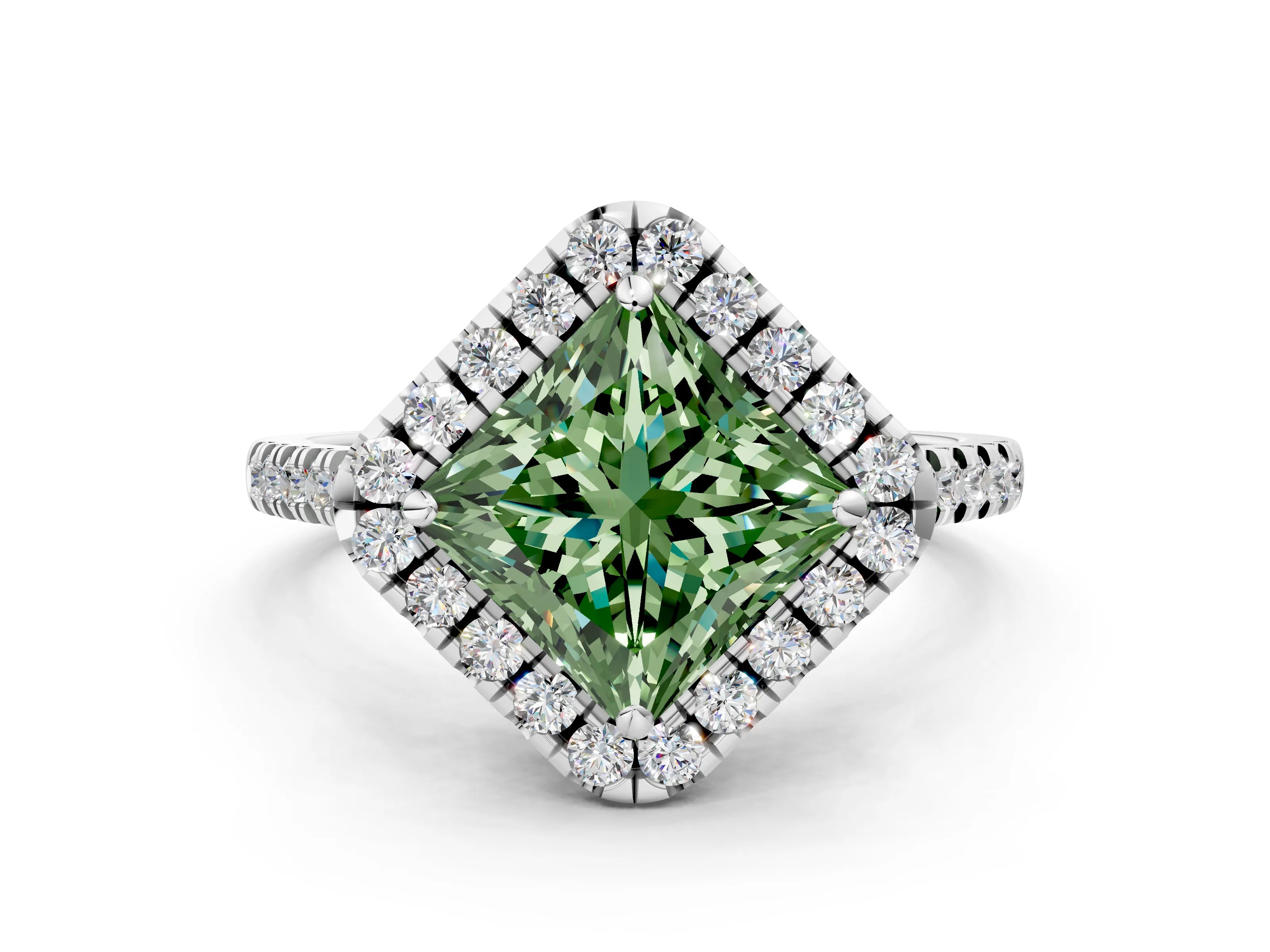 White gold Fancy Green Princess Cut Diamond Cushion Halo Ring with Pavé Band
