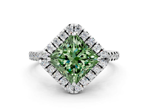 White gold Fancy Green Princess Cut Diamond Cushion Halo Ring with Pavé Band