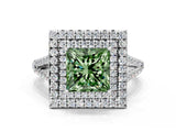 White gold Fancy Green Princess Cut Diamond Double Halo Ring with Pavé Band and Prong Setting_40