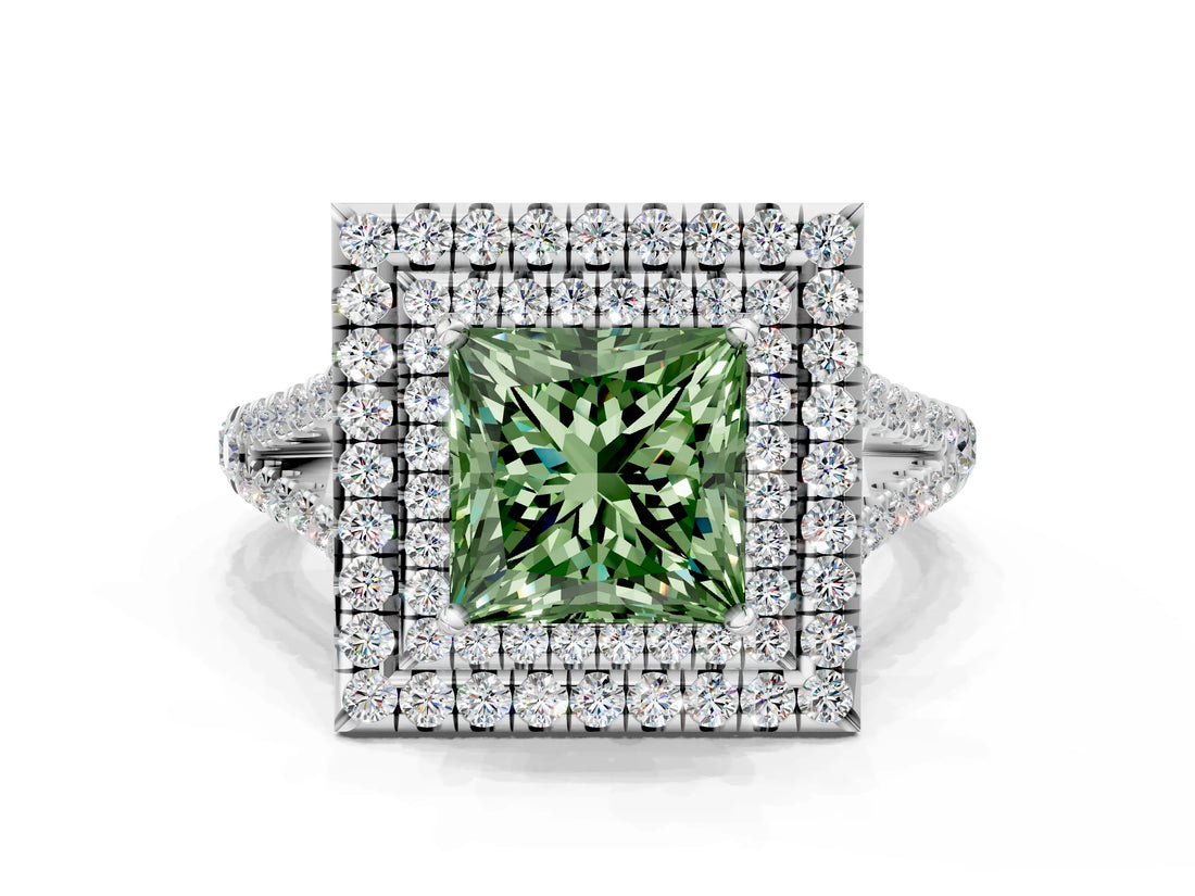 White gold Fancy Green Princess Cut Diamond Double Halo Ring with Pavé Band and Prong Setting_41