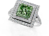 White gold Fancy Green Princess Cut Diamond Double Halo Ring with Pavé Band and Prong Setting_42