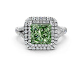 White gold Fancy Green Princess Cut Diamond Double Halo Ring with Split Shank and Prong Setting_27