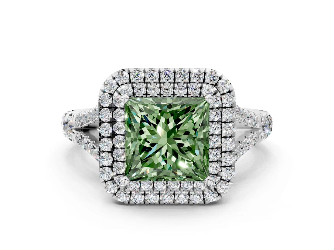 White gold Fancy Green Princess Cut Diamond Double Halo Ring with Split Shank and Prong Setting_27