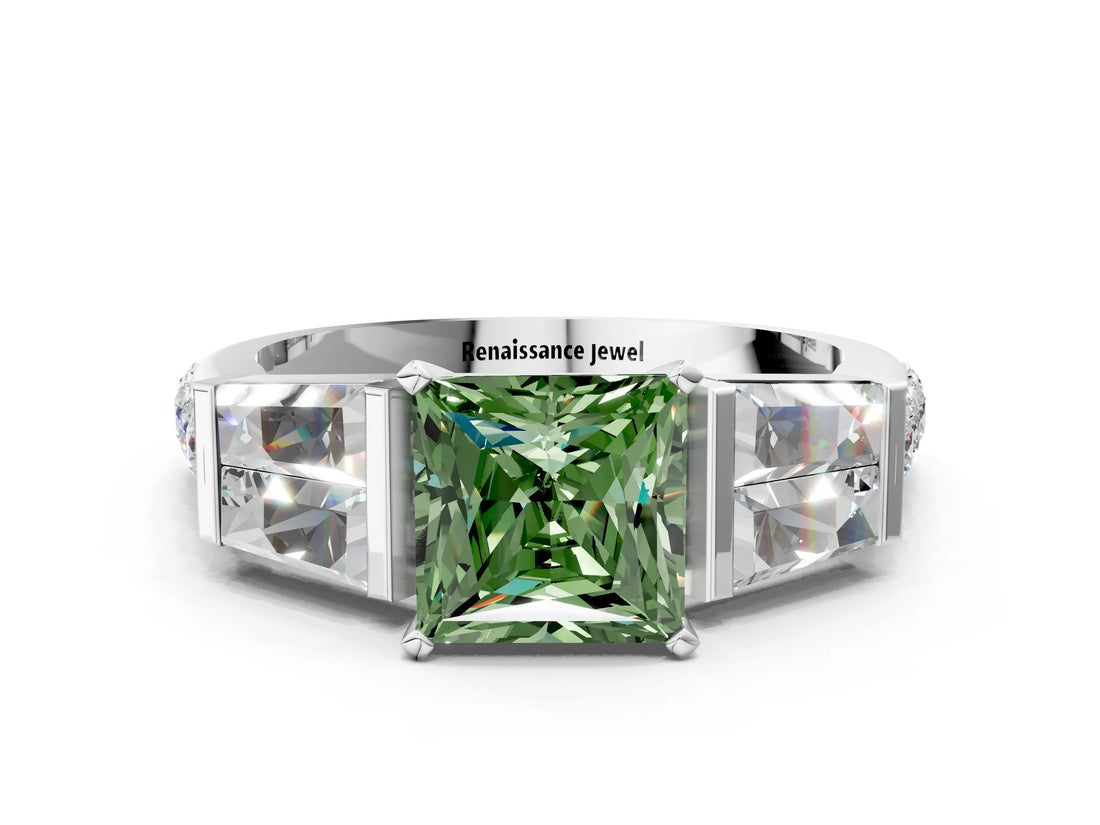 White gold Fancy Green Princess Cut Diamond Engagement Ring with Baguette Side Stones and Channel Set Band_29