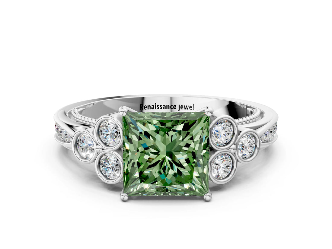 White gold Fancy Green Princess  Cut Diamond Engagement Ring with Bezel Set Round Side Stones and Prong Setting_24