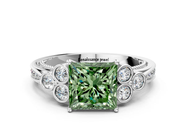 Platinum Fancy Green Princess  Cut Diamond Engagement Ring with Bezel Set Round Side Stones and Prong Setting