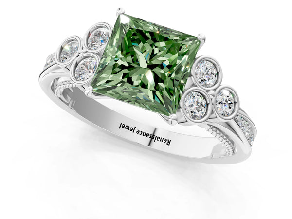 Platinum Fancy Green Princess  Cut Diamond Engagement Ring with Bezel Set Round Side Stones and Prong Setting