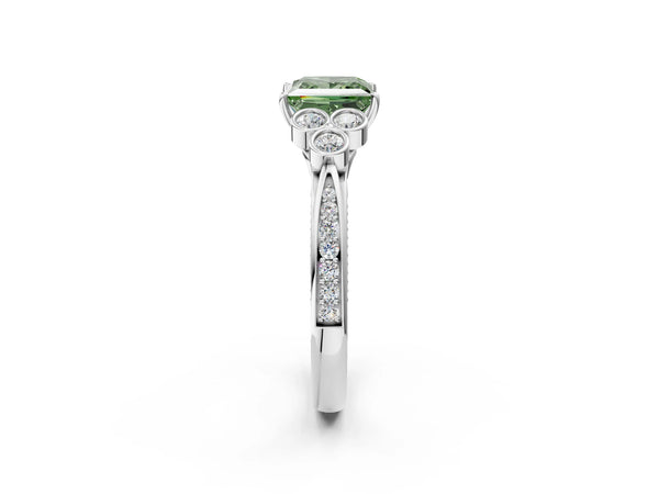 Platinum Fancy Green Princess  Cut Diamond Engagement Ring with Bezel Set Round Side Stones and Prong Setting