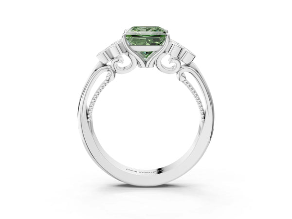 Platinum Fancy Green Princess  Cut Diamond Engagement Ring with Bezel Set Round Side Stones and Prong Setting