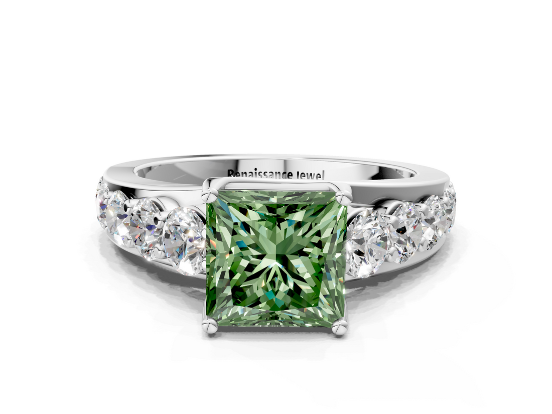 White gold Fancy Green Princess  Cut Diamond Engagement Ring with Pavé Band and Four-Prong Setting_3