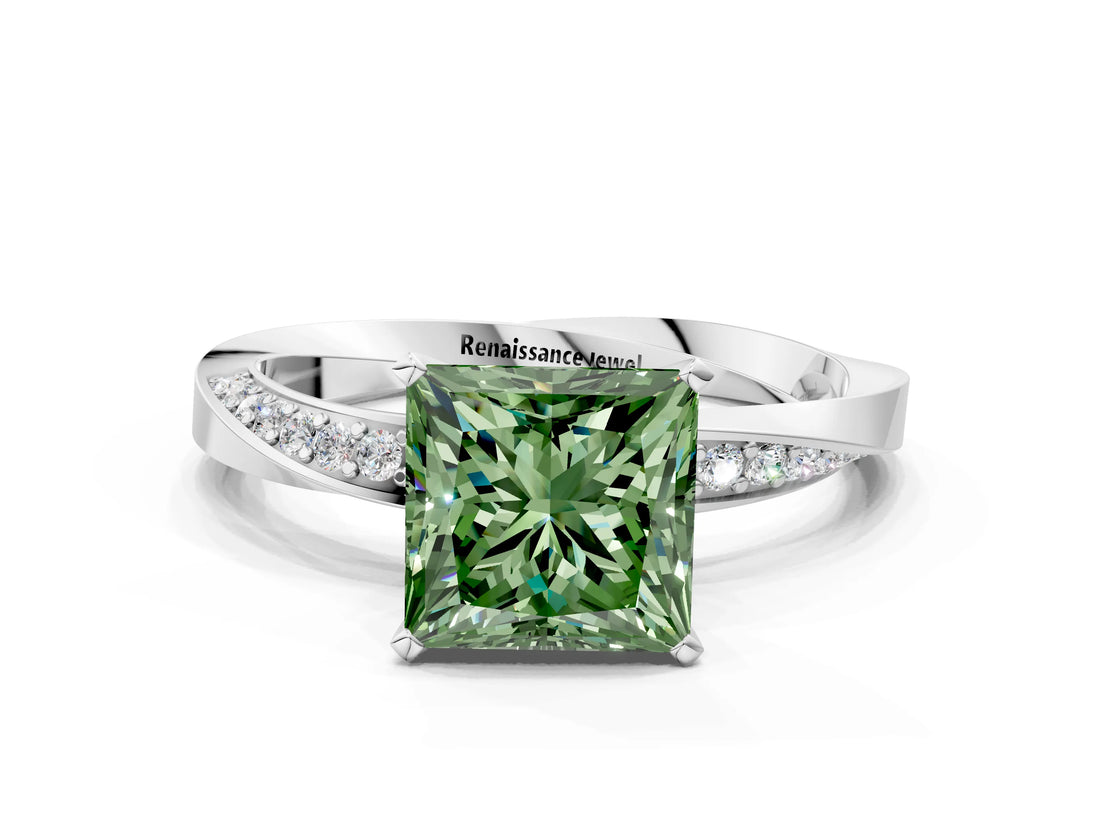White gold Fancy Green Princess Cut Diamond Engagement Ring with Side Stone Accents and Four-Prong Setting_24