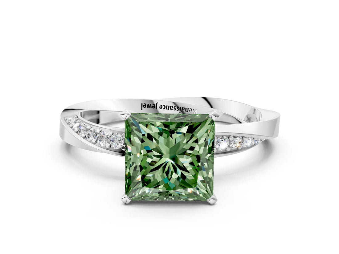 White gold Fancy Green Princess Cut Diamond Engagement Ring with Side Stone Accents and Four-Prong Setting_42