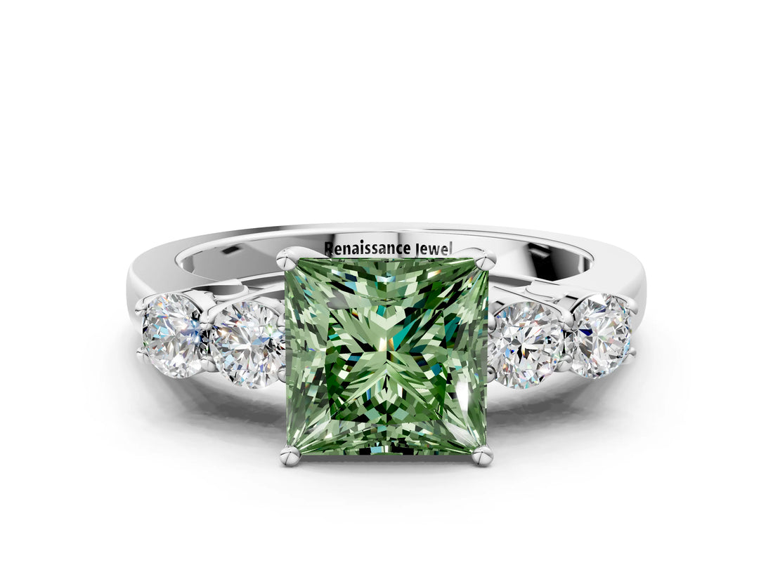 White gold Fancy Green Princess  Cut Diamond Five-Stone Prong Set White Gold Ring_65
