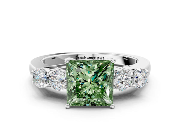 Platinum Fancy Green Princess  Cut Diamond Five-Stone Prong Set White Gold Ring
