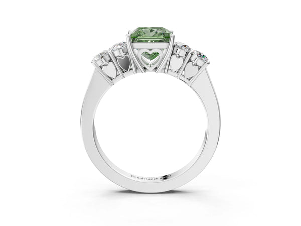 Platinum Fancy Green Princess  Cut Diamond Five-Stone Prong Set White Gold Ring