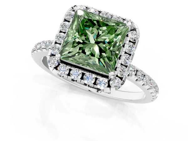 White gold Fancy Green Princess  Cut Diamond Floral Halo Engagement Ring with Pavé Band and Prong Setting