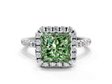 White gold Fancy Green Princess  Cut Diamond Floral Halo Engagement Ring with Pavé Band and Prong Setting_52