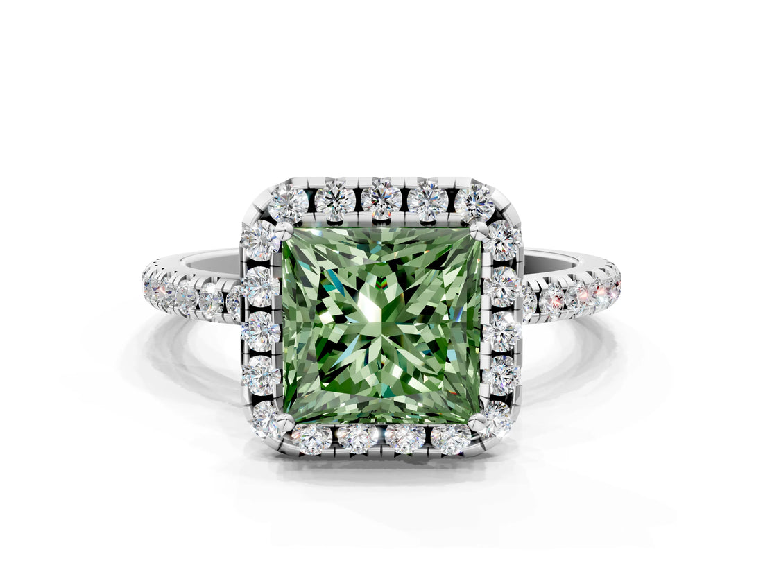 White gold Fancy Green Princess  Cut Diamond Floral Halo Engagement Ring with Pavé Band and Prong Setting_52