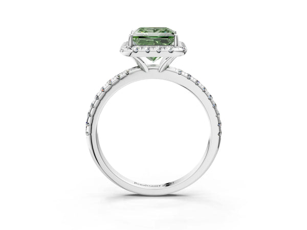 White gold Fancy Green Princess  Cut Diamond Floral Halo Engagement Ring with Pavé Band and Prong Setting