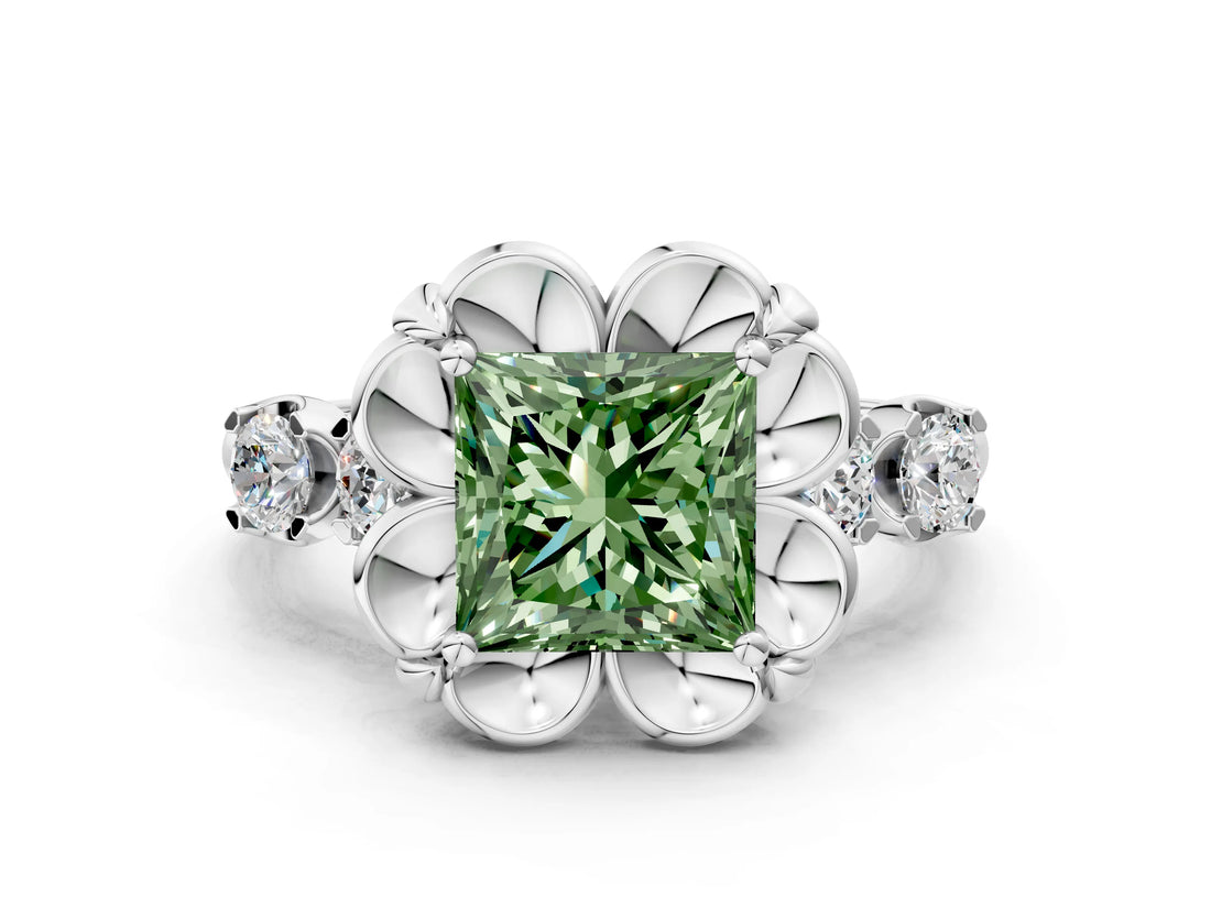White gold Fancy Green Princess  Cut Diamond Floral Halo Engagement Ring with Shared Prong Setting