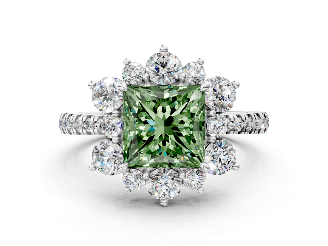 White gold Fancy Green Princess  Cut Diamond Floral Halo Pave Band with Prong Setting