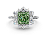 White gold Fancy Green Princess  Cut Diamond Floral Halo Pave Band with Prong Setting