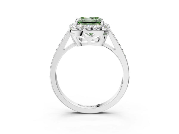 White gold Fancy Green Princess Cut Diamond Floral Halo Ring with Pavé Band and Prong Setting
