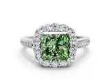 White gold Fancy Green Princess Cut Diamond Floral Halo Ring with Pavé Band and Prong Setting_7