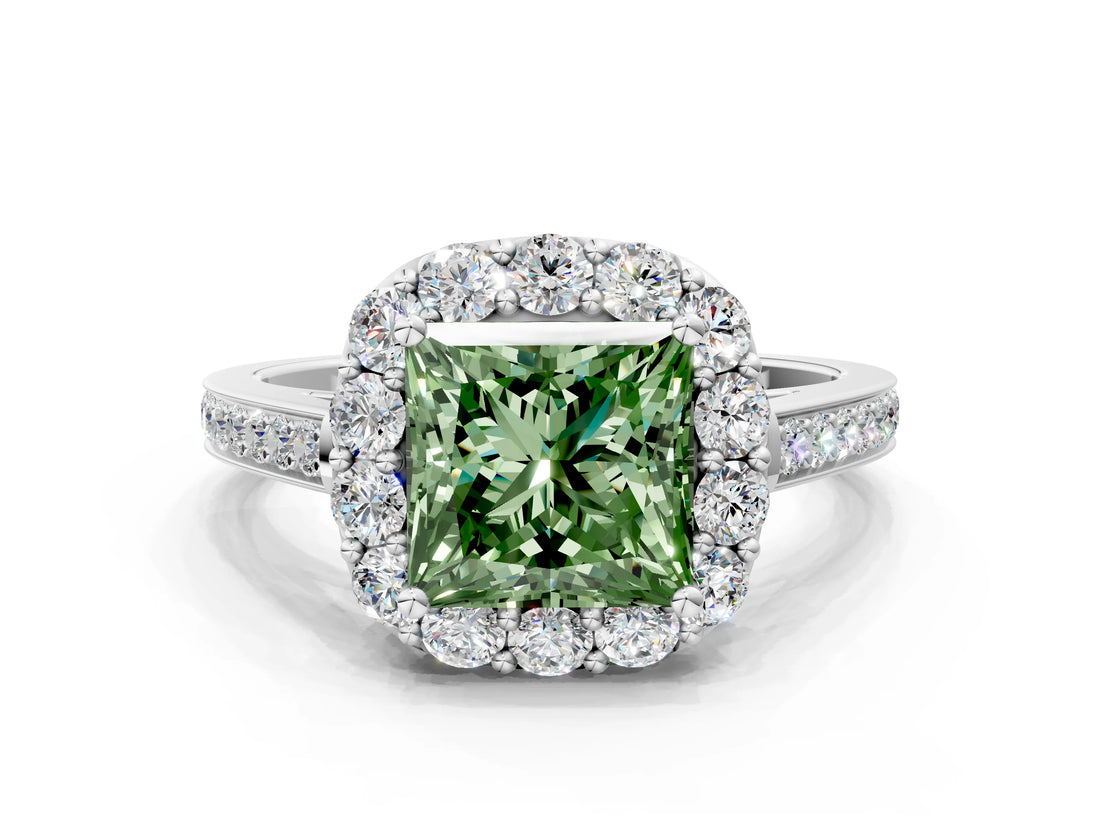 White gold Fancy Green Princess Cut Diamond Floral Halo Ring with Pavé Band and Prong Setting_7
