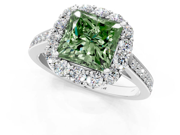 White gold Fancy Green Princess Cut Diamond Floral Halo Ring with Pavé Band and Prong Setting
