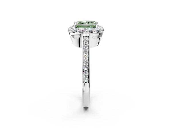 White gold Fancy Green Princess Cut Diamond Floral Halo Ring with Pavé Band and Prong Setting