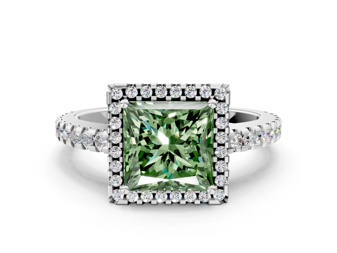 White gold Fancy Green Princess Cut Diamond Halo Engagement Ring with Pavé Band and Prong Setting_39
