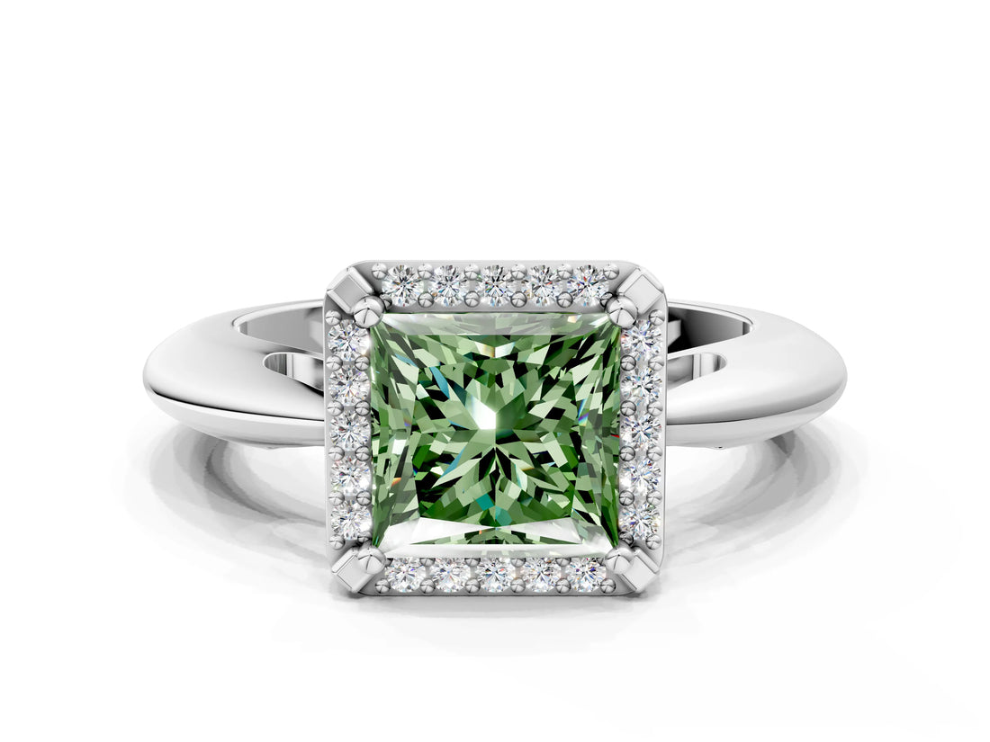 White gold Fancy Green Princess  Cut Diamond Halo Engagement Ring with Split Shank and Four-Prong Setting_52