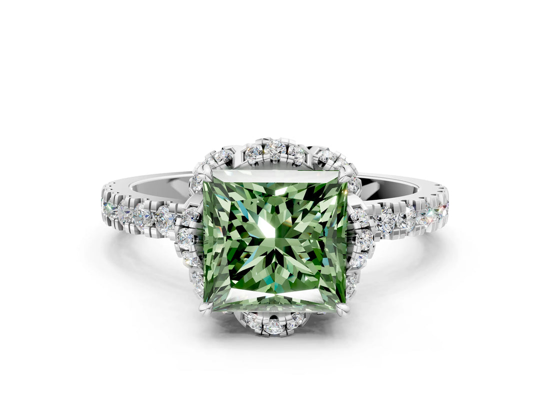 White gold Fancy Green Princess Cut Diamond Halo Pave Band with Four-Prong Setting_3